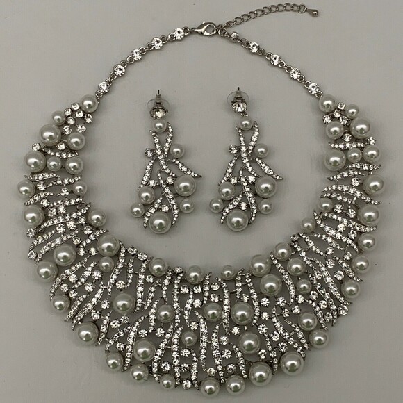 Necklace & Dangling Earrings Set Silver-tone Faux Pearl Rhinestones Crystal - Picture 1 of 5